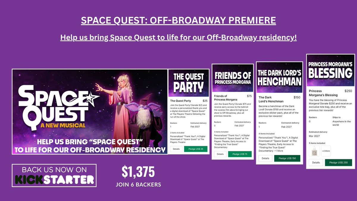 Crowdfundingrev's tweet photo. Get ready for an unforgettable journey across the galaxy! Space Quest is an original Off-Broadway musical packed with comedy, adventure, unforgettable characters, and heart. Help bring this stellar production to the stage by backing it on Kickstarter! https://t.co/aCiVTOf1Ad https://t.co/kOFBaJxQfk