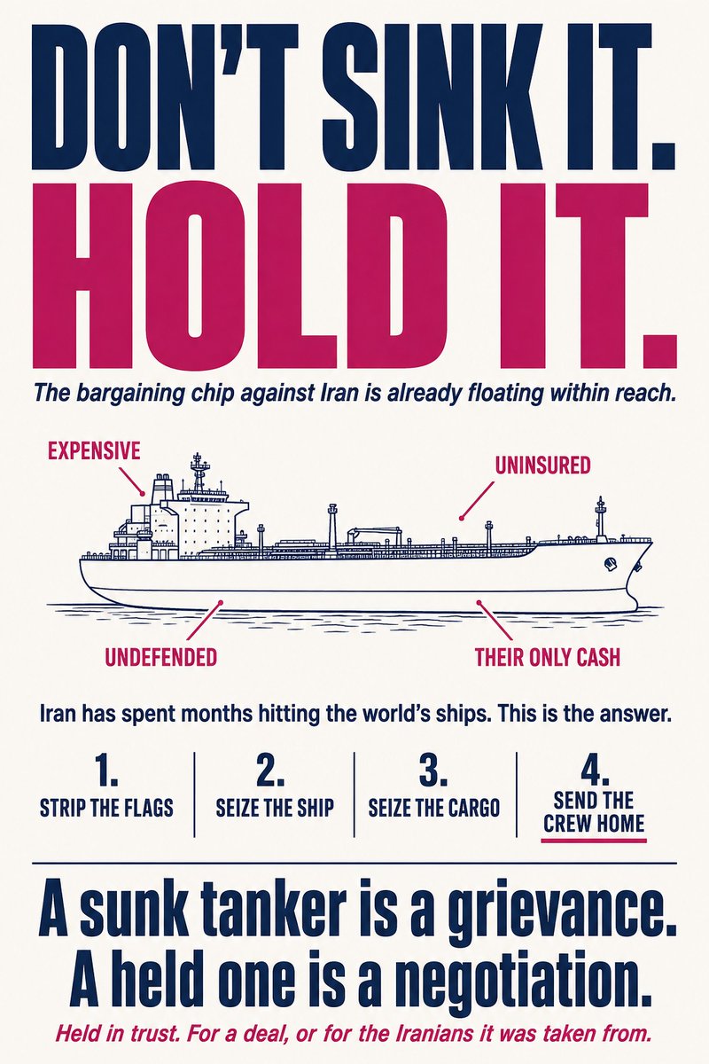 SamJackbin's tweet photo. @CENTCOM For months Iran has harassed and damaged the world's ships. Answer it right.
The shadow fleet is the perfect chip: expensive, uninsured, undefended, within reach, and it's the regime's cash.

Strip the flags. Seize ship and cargo. Send the crew home.

Don't sink it. Hold it. https://t.co/gcCaMj4Tlx