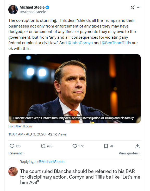 CourtneyLeeds's tweet photo. @MichaelSteele The court ruled Blanche should be referred to his BAR for disciplinary action, Cornyn and Tillis be like "Let's me him AG!" https://t.co/ct8Y7FpTwQ