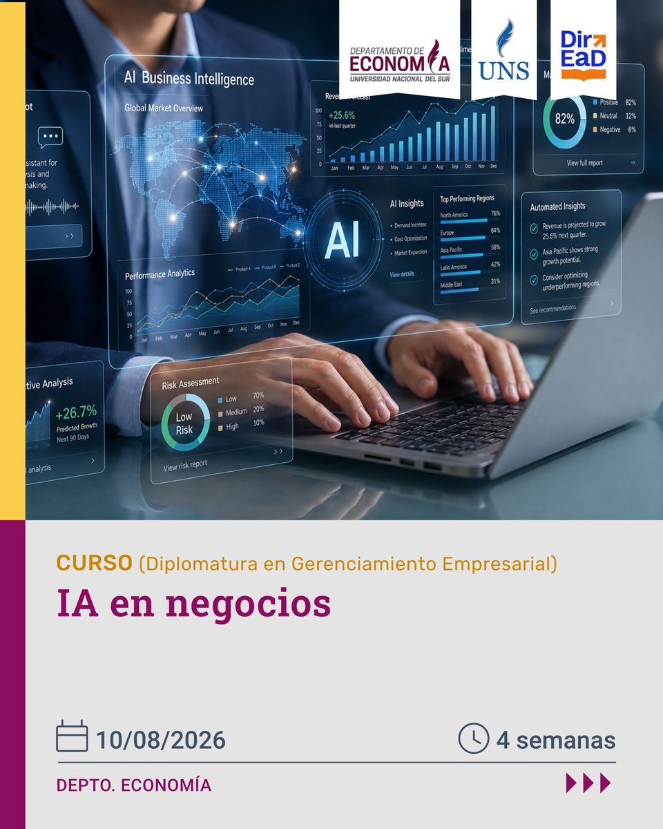 direaduns's tweet photo. 🤖 La inteligencia artificial transforma la gestión empresarial.

Curso IA en negocios
(Diplomatura en Gerenciamiento Empresarial)
📅 10/08/2026
💻 Modalidad virtual

Más información:
 https://t.co/xPApvq0vjp
#UNS #DirEaD #IA #Negocios https://t.co/tWrdKLaWYP