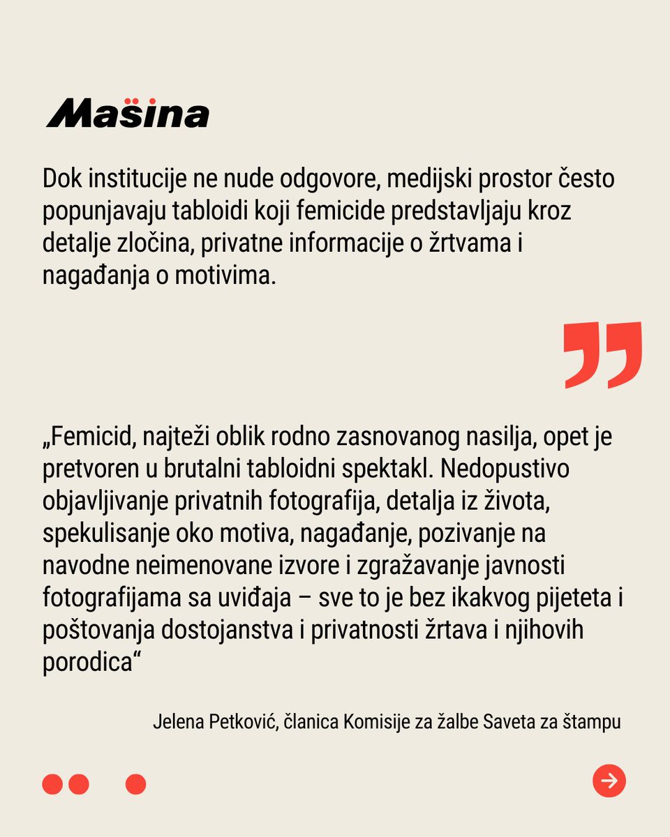 MasinaRS's tweet photo. Tri femicida u svega sedam dana ponovo su otvorila pitanje zbog čega institucije ne uspevaju da zaštite žene koje prijavljuju nasilje, ali i zašto se ubistva žena u javnosti i dalje tretiraju kao pojedinačni zločini, a ne kao posledica duboko ukorenjenog rodno zasnovanog nasilja. 

Sagovornice Mašine, programska direktorka FemPlatza Kosana Beker i članica Komisije za žalbe Saveta za štampu Jelena Petković, upozoravaju da je reč o dva povezana problema: izostanku institucionalne odgovornosti i medijskoj praksi koja dodatno narušava dostojanstvo žrtava.

Više pročitajte na našem sajtu.