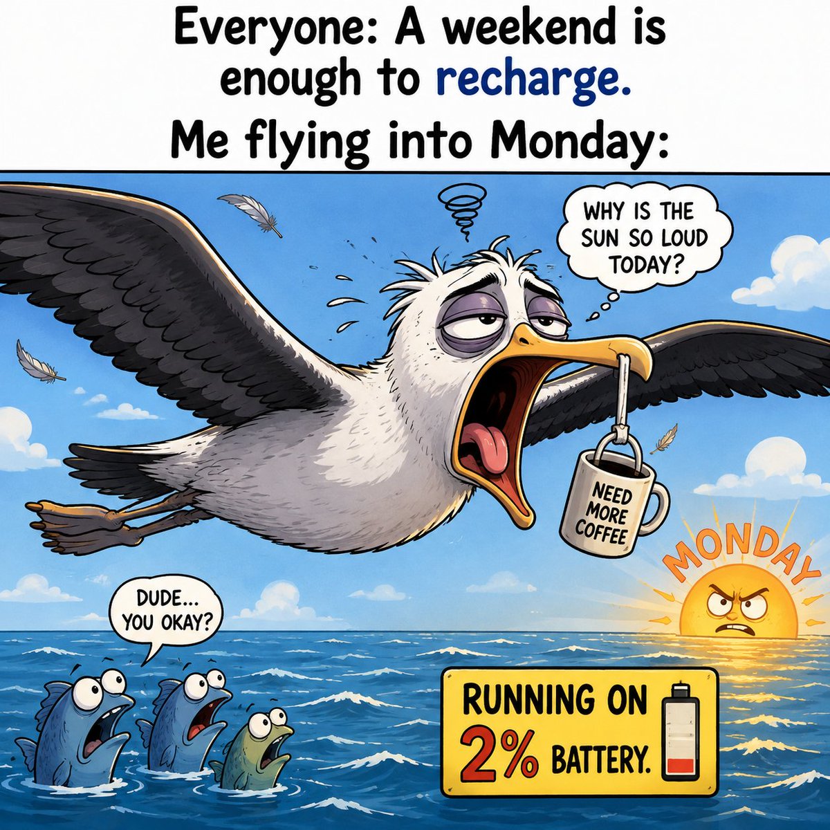 metartificial's tweet photo. Weekends are supposed to recharge us, but somehow Monday still arrives before the battery does. If you've ever started the workweek feeling like you're running on 2%, this one's for you!
#memes #animals #art https://t.co/YfzI4YtD49