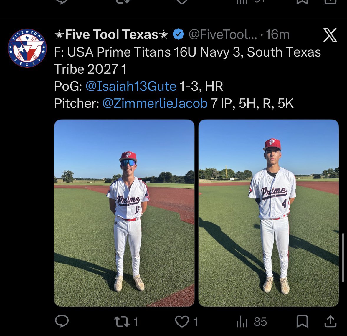 Isaiah13Gute's tweet photo. Had a good summer finishing strong with good hits and a good defensive performance @usaprimetitans @FiveToolTexas #classof2028 #uncommitted https://t.co/eYa0wFyHy2