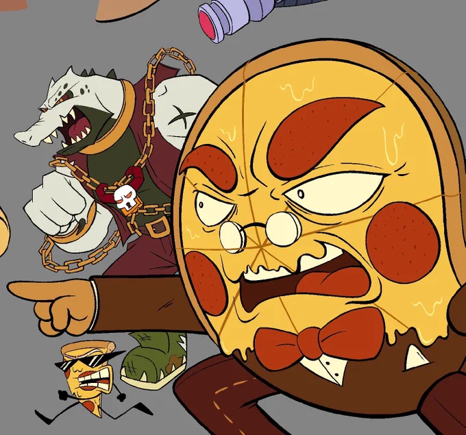 Close-up of the Kickstarter poster art: an angry pizza-faced character pointing forward, with a chained crocodile character snarling behind him.
