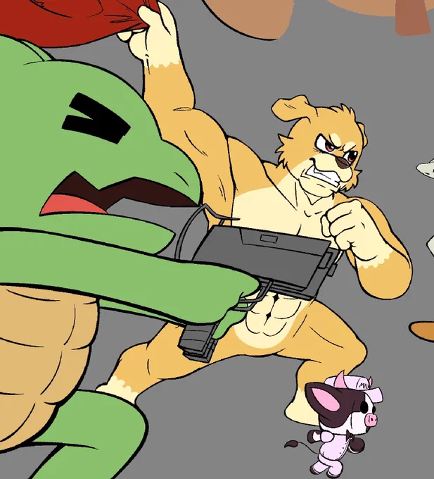 Close-up of the Kickstarter poster art: a green crocodile character and a muscular dog character gripping a gun, with a small pink cow character beside them.