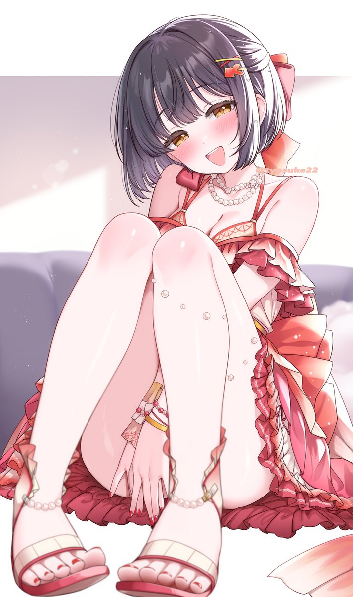 tyosuke22's tweet photo. skebで描かせていただいた、うたかたマーメイド衣装の鷹富士茄子ちゃんです！普段描く機会の少ない、いたずらっぽくＰをからかう大人の女性というお題を描けてとても新鮮でした！ご依頼ありがとうございましたーん🎀 https://t.co/574QtBti8F
