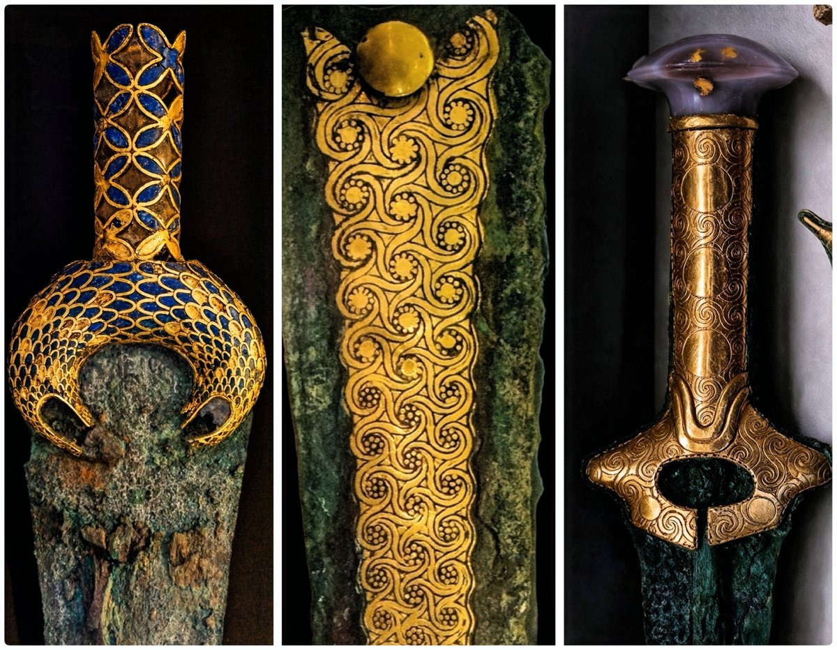 StubbornOctopi's tweet photo. The Swords of Mycenaean Kings (c. 1600–1500 BC)

Masterpieces of Late Bronze Age Mycenaean Greek craftsmanship: bronze swords adorned with exquisitely decorated gold hilts and grips. Among the most magnificent surviving works of prehistoric European metalwork. https://t.co/IA02vxMSNh