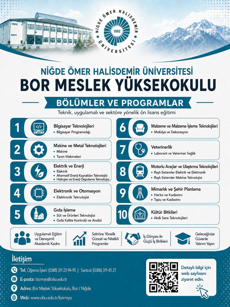 ohubormyo's tweet photo. 🎓 Niğde Ömer Halisdemir Üniversitesi Bor Meslek Yüksekokulu olarak uygulamalı eğitim alanlarımız�� ve bölümlerimizi yerinde incelemek, akademik kadromuzla tanışmak ve aklınızdaki sorulara cevap bulmak için tüm aday öğrencilerimizi okulumuza bekliyoruz. 🚀 #YKS2026 #BorMYO #Niğde https://t.co/gwSiFDnUot