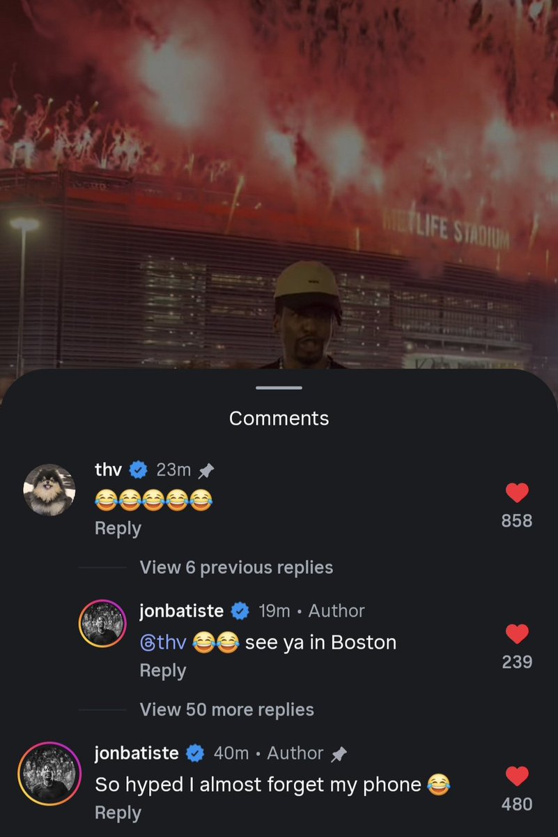 7btsfilmout's tweet photo. Jon Batiste [ig reel 03.08.2026]
Shared a reel of him dancing to BTS's "DYNAMITE" in the parking lot of Metlife Stadium after attending their concert yesterday. 
Taehyung liked and left a comment on the post. 

🐻: 😂😂😂😂😂
╰Jon: 😂😂 see ya in Boston

Jon: So hyped I almost forget my phone 😂

#BTS_NEWJERSEY_DAY2
#BTS_MetlifeStadium_Day2
#BTS_WORLDTOUR
#BTS_WORLDTOUR2026
#BTS_WORLDTOUR_ARIRANG
#KimTaehyung #V #뷔 #김태형 #BTSV #BTS