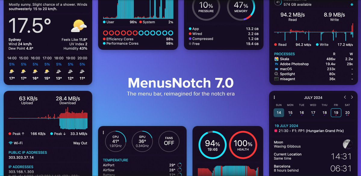MenusNotch's tweet photo. The menu bar, completely reimagined for the notch era.

New design. Stacked mode. Combined mode. 
Apple Silicon sensors. Gradual fan control. 

And still the lightest system monitor on macOS.

Years of work. Everything is new. https://t.co/ppY3P8qPEE