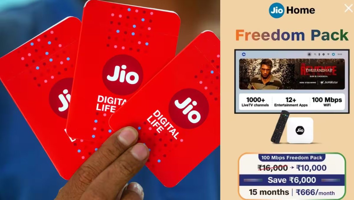 TelecomTalk's tweet photo. Jio Launches All-New Rs 10,000 Freedom Pack for JioFiber & AirFiber Users - Promising Rs 6,000 Savings.

Here is what you get for the price!

-  15 months' validity.
- 100 Mbps unlimited broadband.
- Access to 1,000+ live TV channels
- Access to 12 OTT app subscriptions, including JioHotstar, SonyLIV, ZEE5, SunNXT, HoiChoi, Discovery+, TimesPlay, TarangPlus, ErosNow, Lionsgate Play, ShemarooMe, and ETV Win.
- Unlimited voice calling
A premium all-in-one home entertainment plan launched ahead of Independence Day, promising savings of Rs 6,000!
#Jio #JioFiber #JioAirFiber #Broadband #OTT #FreedomPack #India #JioSale #JioIndependenceDaySale #JioFreeDom #FreedomPack #JioPack #Reliance