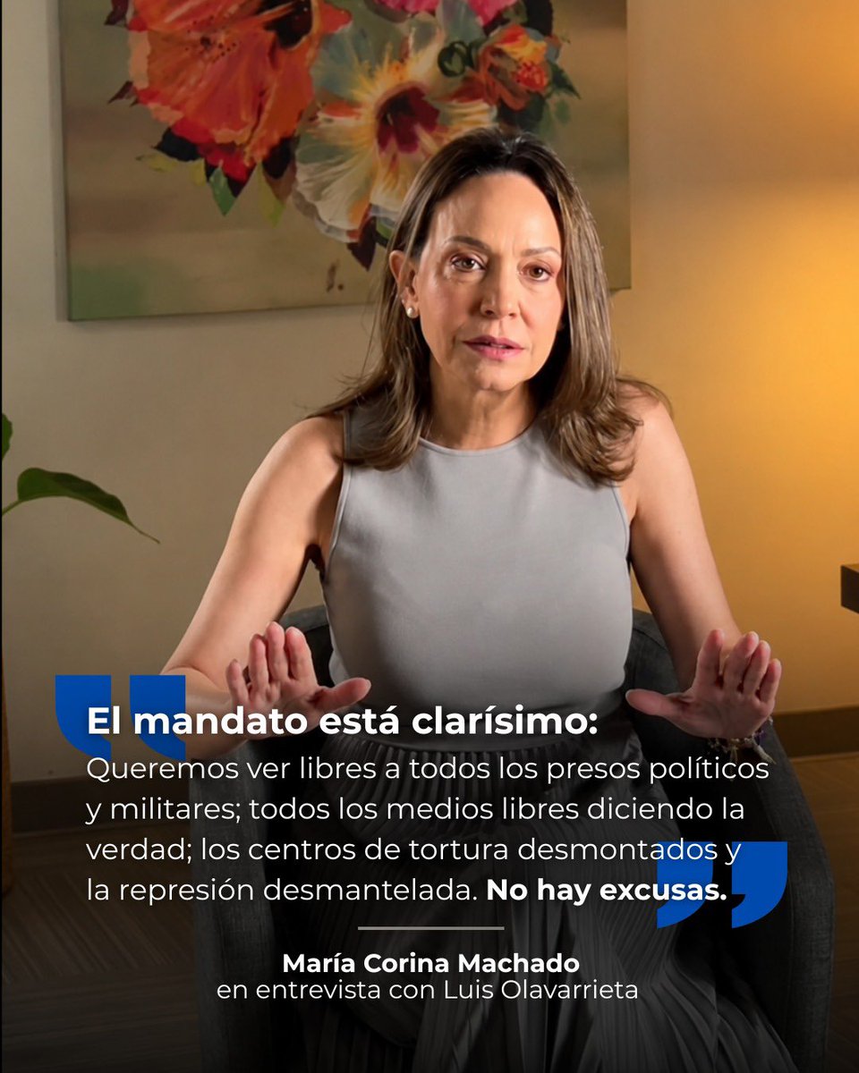 ConVzlaComando's tweet photo. ¡El mandato está clarísimo!

- Libertad para todos los presos políticos, civiles y militares. 
- Todos los medios de comunicación libres diciendo la verdad. 
- El desmontaje de todos los centros de tortura. 
- El desmantelamiento de la represión.

🇻🇪 María Corina Machado (@MariaCorinaYA) en entrevista con @LuisOlavarrieta.