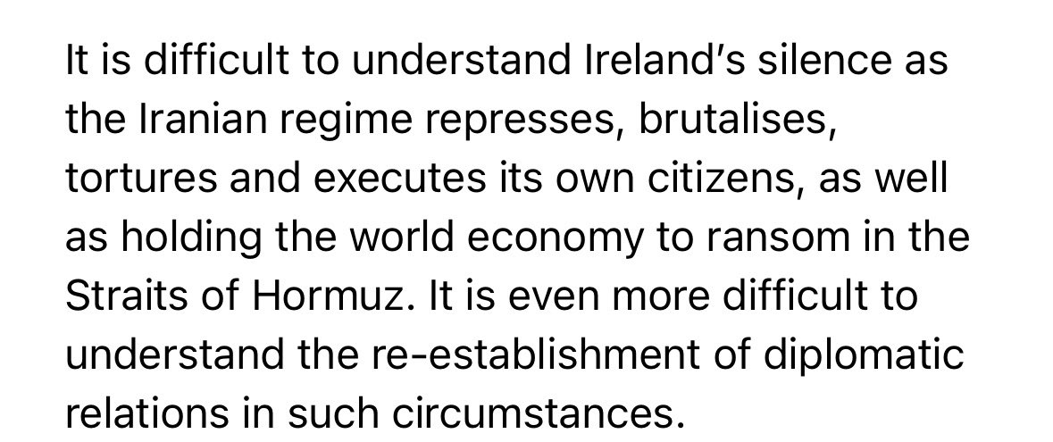 etc_tess's tweet photo. Why is the Irish government silent on the behaviour of the Iranian regime? Today I wrote to @MichealMartinTD @SimonHarrisTD @HMcEntee and @JohnLahart to ask. https://t.co/V8KdF5N1bk