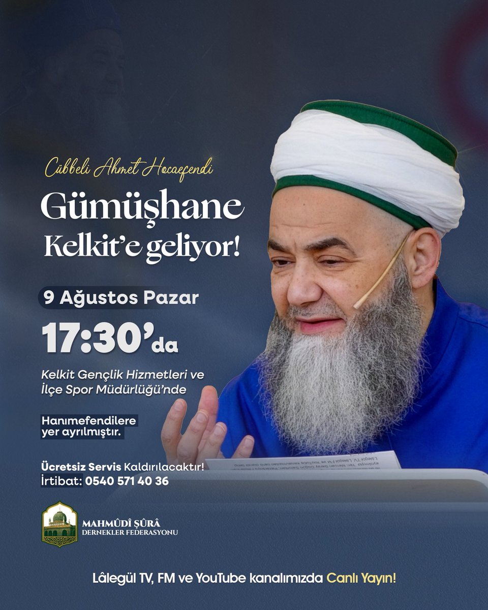 c_ahmethoca's tweet photo. GÜMÜŞHANE KELKİT SOHBETİ

🗓 9 Ağustos Pazar - 17.30
📍 Kelkit Gençlik Hizmetleri ve İlçe Spor Müdürlüğü

🌹Hanımefendilere yer ayrılmıştır

🔴Lâlegül TV, Lâlegül FM ve YouTube kanalımızdan CANLI olarak dinleyebilirsiniz. https://t.co/VwqBJfPMR1
