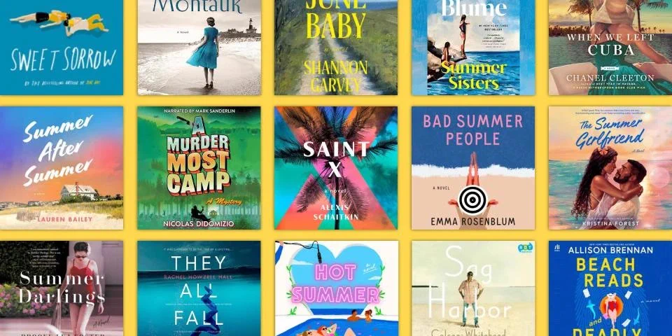 A grid of twelve colorful book covers against a yellow background, featuring titles such as "Sweet Sorrow," "Summer After Summer," "Murder Most Camp," "They All Fall Down," and "Beach Reads."