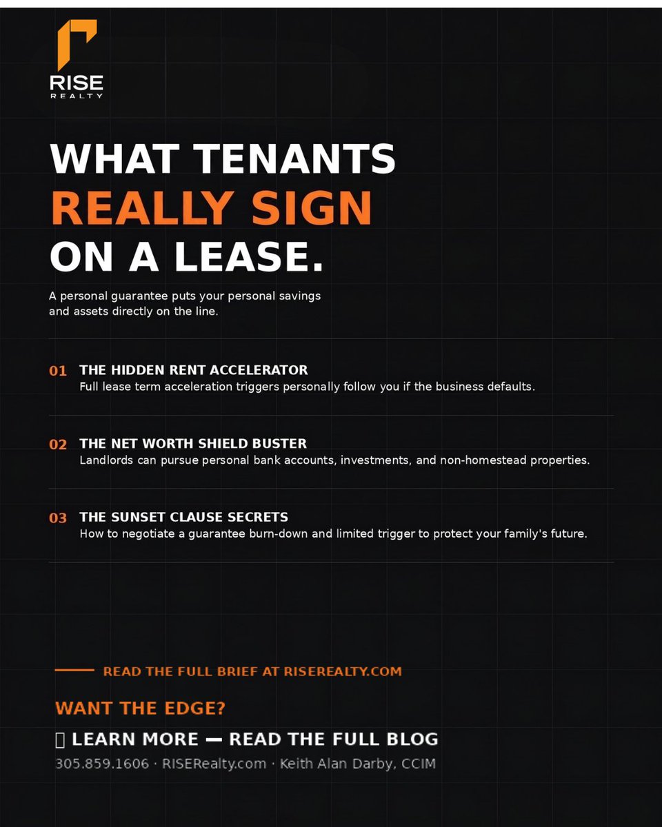 Rise_Realty's tweet photo. Before you sign a commercial lease, read the fine print. A personal guarantee could make you not just your business liable for the lease.
π Read more: https://t.co/StZnBxNfTE
#CommercialRealEstate #TenantRepresentation #MiamiCRE https://t.co/W71d55JzsP