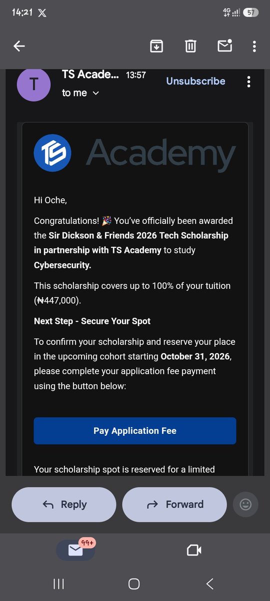 iamoche52's tweet photo. Omo congratulations to me on Getting the Sir Dickson And Friends 2026 Tech Scholarship by TS ACADEMY.

Make i try hustle the Application fee pay fess then let's see if God will use @Wizarab10 to bless me with a laptop. https://t.co/91YFR0wc2l