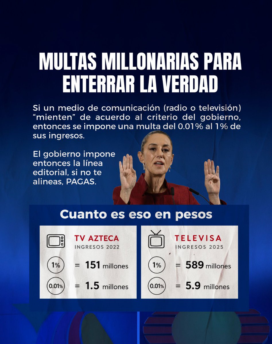 MarioESanchezF's tweet photo. 🤫 Hablemos de CENSURA porque seamos claros, el gobierno no quiere defender a las audiencias, buscan la forma para decidir qué verdad les acomoda más.

La presidenta @Claudiashein ya no quiere que se hable de sus alianzas con el narco o de las acusaciones de corrupción que inundan su administración, por eso CALLARÁN a los medios de comunicación.