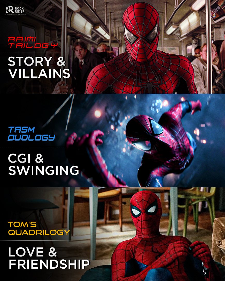 ursRockrider's tweet photo. These are my takeaways from all Spider-Man movies, respectively.

I love all of them for different reasons. The internet can't make me love or hate one for another. https://t.co/qsiCELH9rh
