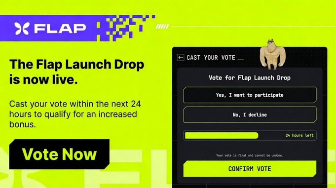flapclotsh's tweet photo. @flapdotsh @BNBCHAIN The Bonus Drop is now live!

 Vote within the next 24 hours to unlock a higher bonus.  

Submit your vote here: https://t.co/3GOGoCqUdH https://t.co/C5V8g93qCF