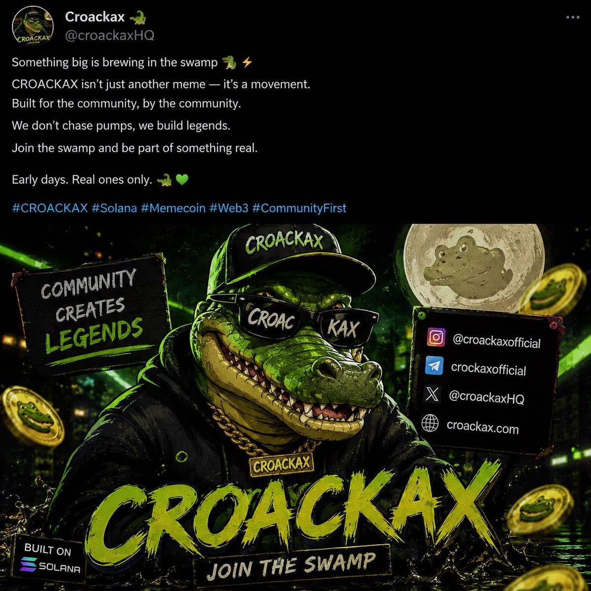 CroackaxHQ's tweet photo. If you’re here this early, you’re already part of the story.

Welcome to CROACKAX. 🚀

#CROACKAX #Solana #Memecoin #CryptoCommunity #SOL #Web3 #MemeCoin #CryptoTwitter #Altcoins https://t.co/LZ7iBflspY
