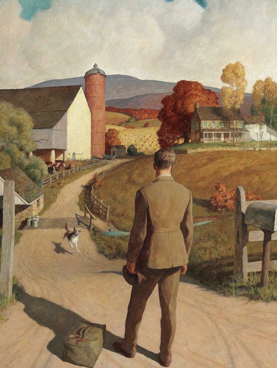 Gentleman_Ways's tweet photo. N.C. Wyeth painted The Homecoming in 1945, just as World War II was coming to an end. It first appeared on the cover of Woman's Day magazine, symbolizing the return of millions of American servicemen after years of war. The young soldier stands at the entrance to what appears to be his childhood home, duffel bag at his feet and hat in his hand. Only one soul has rushed to greet him, the family dog. 

At first glance, the painting feels warm and hopeful. The autumn countryside is peaceful and the farmhouse seems untouched. But the longer you look, the more the mood changes. The soldier does not run toward the house. He stands still, almost hesitant, as though he is gathering the courage to take the next step. His home is exactly as he left it, but he is not the same man who went off to war. 

The most revealing detail is the dog. Animals have no understanding of trauma or the passing of time. The dog simply knows that the man it loves has returned. Its joyful sprint contrasts with the soldier's uncertainty. That single contrast captures a truth countless veterans have experienced. Coming home is often far more complicated than anyone imagines. 

Perhaps that is why The Homecoming continues to resonate eighty years later. We all long for a place where we belong, yet life has a way of changing us before we get there. Home might remain the same, but we rarely do. Wyeth reminds us that while wars eventually end, the journey back to peace is often a much longer one.