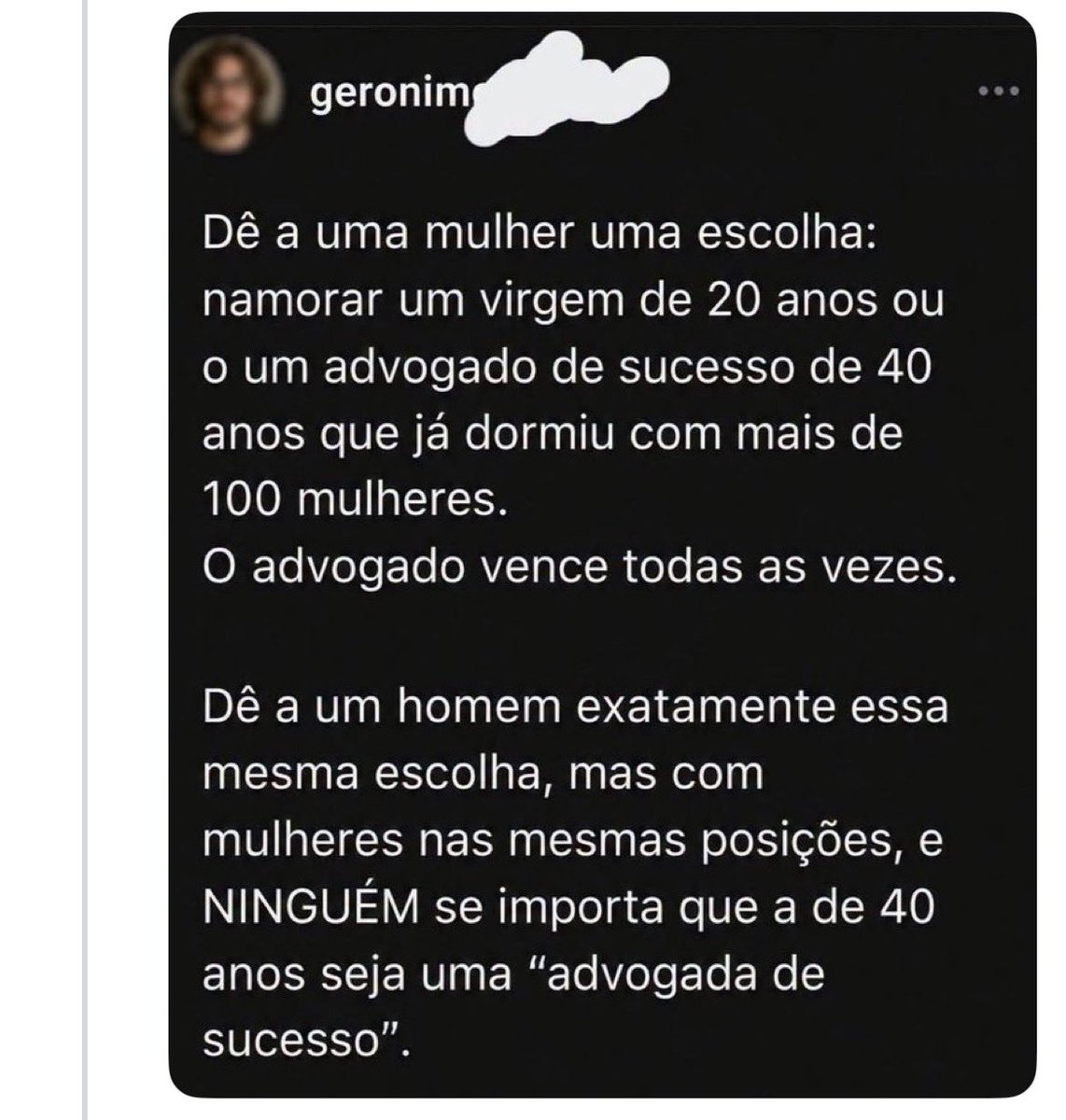 dudestf2's tweet photo. @jigglypaah @madeinbajor Quando vcs querem ofender um homem aqui, chamam de virgem, de pega ning, de que não consegue pegar mulher e etc. Usando como ofensa o fato de um homem não ficar com minas. Agora o contrário, não. Uma mulher pega ning tem seu valor. Um homem pega Ning não. Incoerente teu discurso https://t.co/PB4LbDQczt