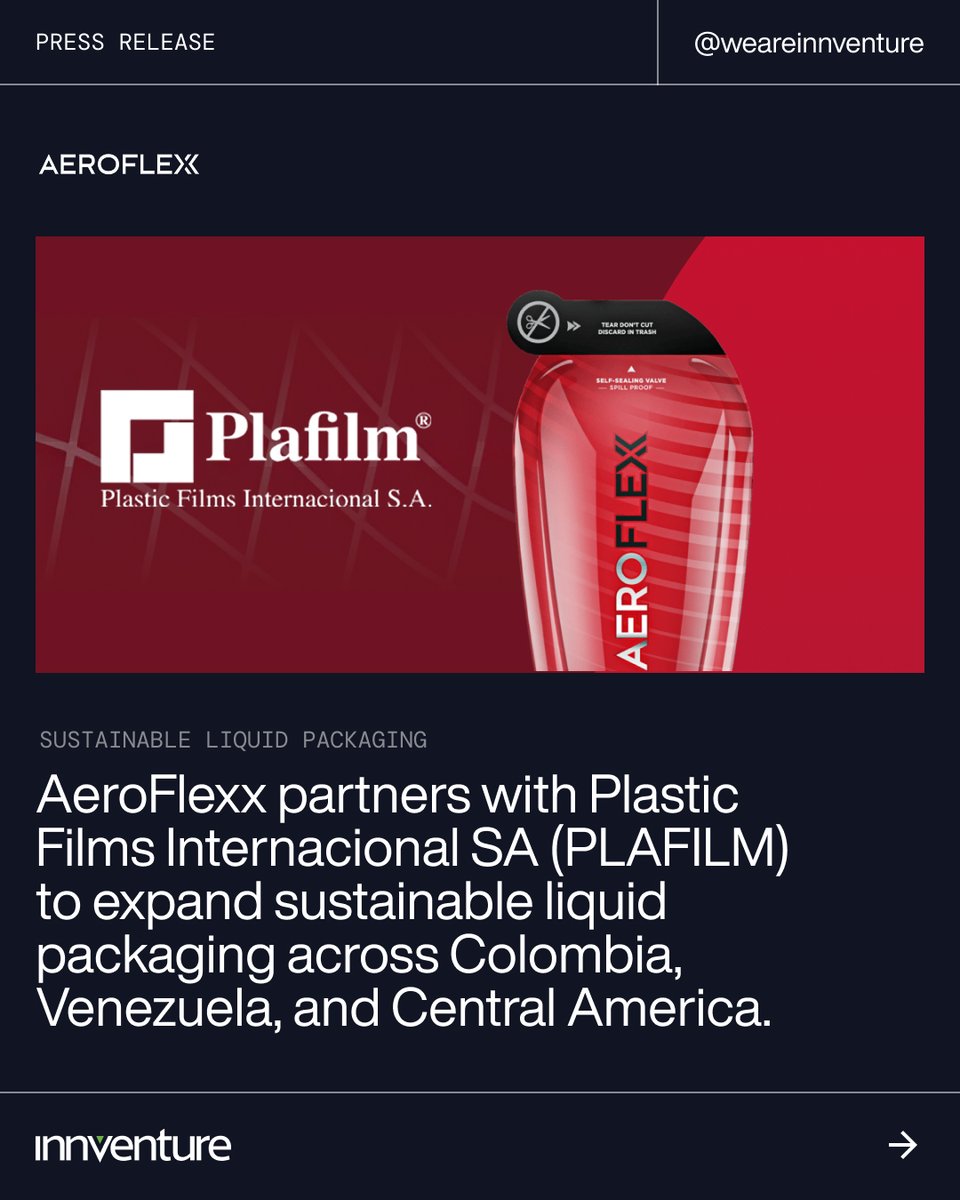 weareinnventure's tweet photo. Congratulations to Innventure operating company @AeroFlexx on their new partnership with Plastic Films Internacional SA, expanding commercial access to their liquid packaging technology across Colombia, Venezuela, and Central America.

The partnership combines AeroFlexx's packaging platform with PLAFILM's more than 25 years of regional market knowledge and established relationships with multinationals across the region. Together the companies will focus on moving qualified customers from initial evaluation to commercial product launches.

Read the full announcement at https://t.co/05UsSq4QhU