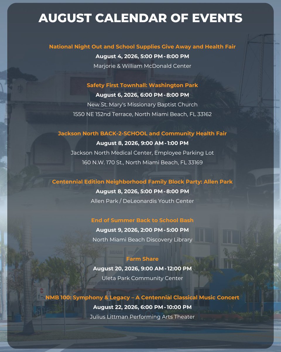 CityNMB's tweet photo. Stay informed with the City of North Miami Beach's August events and meetings. View the calendar and visit https://t.co/JTYJ8cZmdT for the latest updates, as dates and times are subject to change. https://t.co/BHpI6RDvop