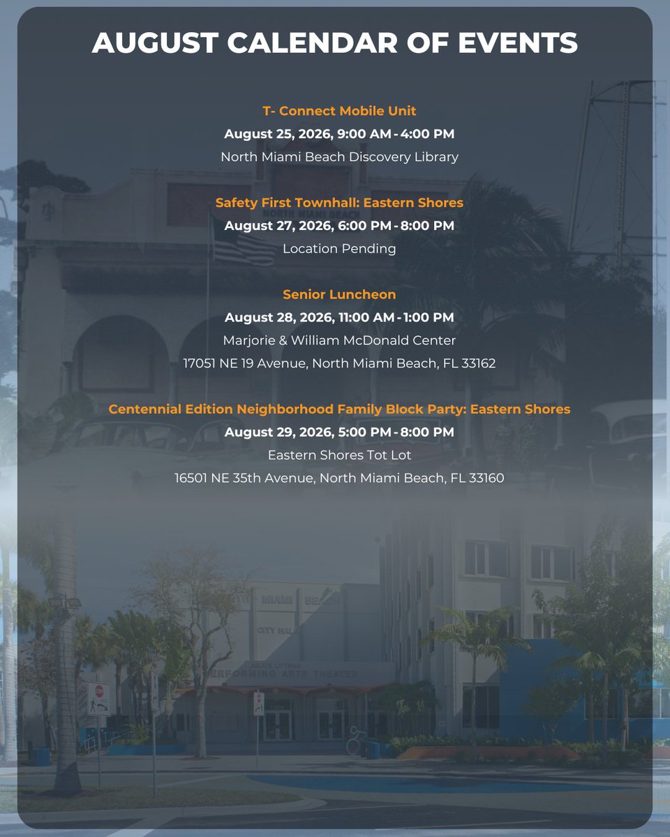 CityNMB's tweet photo. Stay informed with the City of North Miami Beach's August events and meetings. View the calendar and visit https://t.co/JTYJ8cZmdT for the latest updates, as dates and times are subject to change. https://t.co/BHpI6RDvop