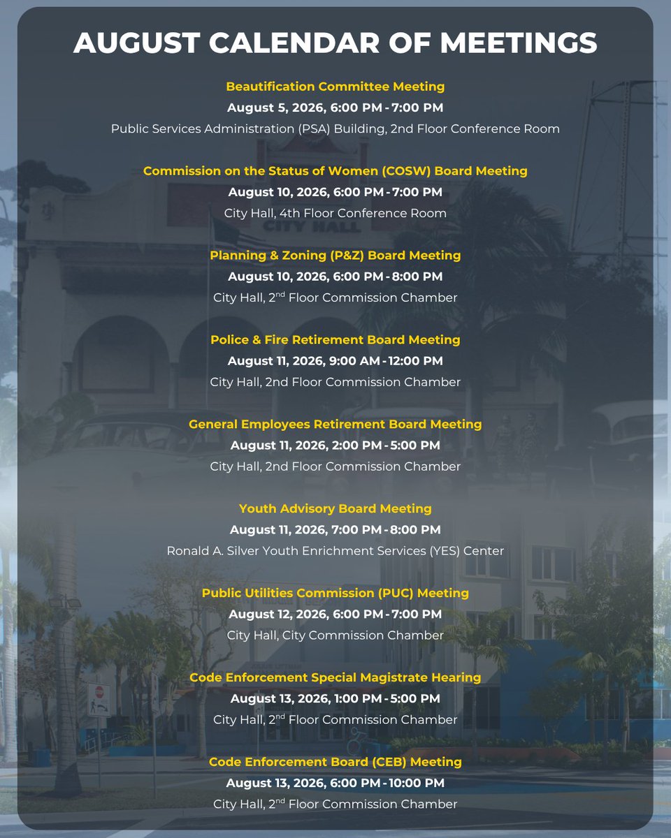 CityNMB's tweet photo. Stay informed with the City of North Miami Beach's August events and meetings. View the calendar and visit https://t.co/JTYJ8cZmdT for the latest updates, as dates and times are subject to change. https://t.co/BHpI6RDvop