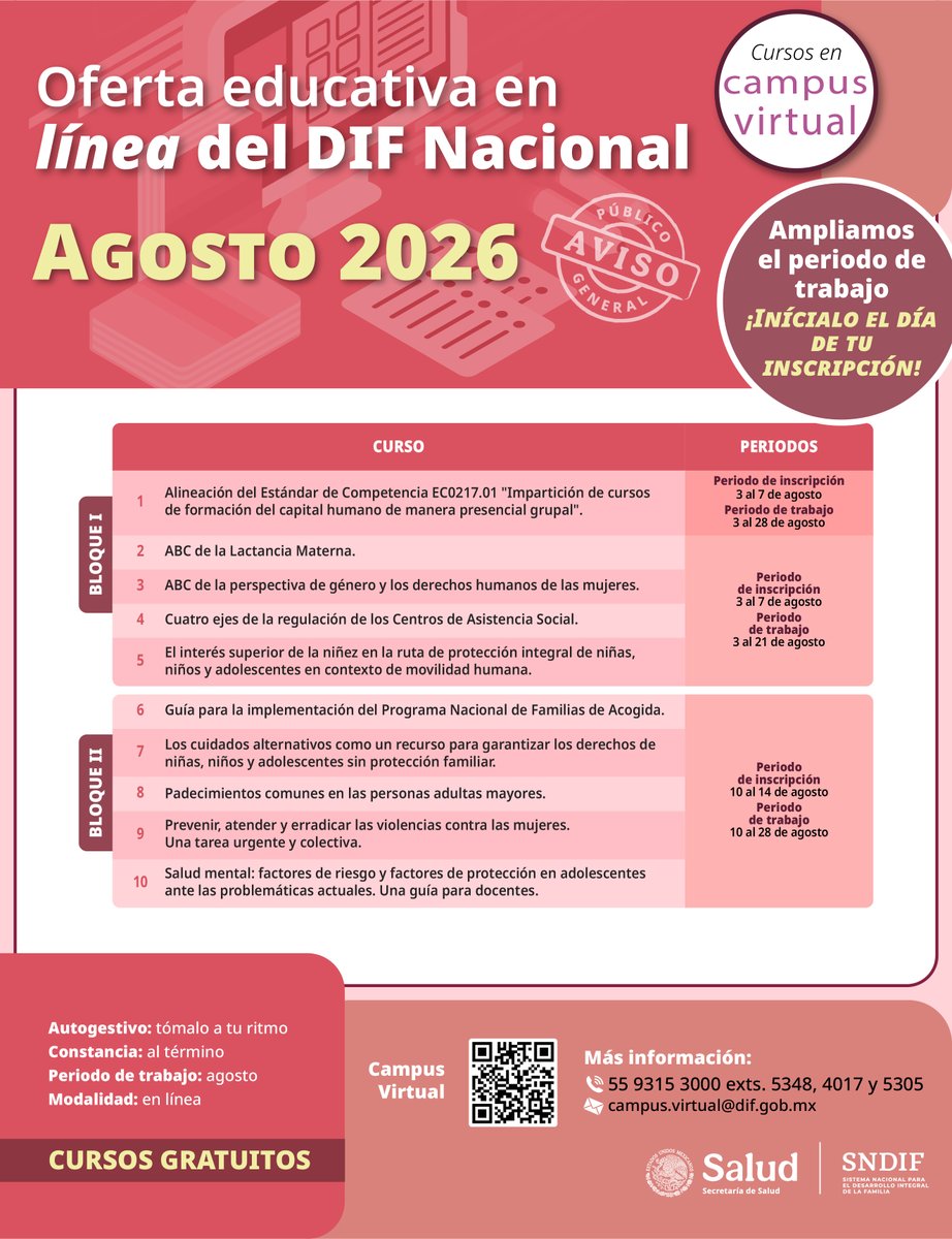 DIF_NMX's tweet photo. ¡Llega el #CampusVirtualSNDIF de agosto!

Consulta e inscríbete a nuestros cursos gratuitos en línea 💻 Hay dos periodos de inscripción, iniciamos hoy 3 de agosto ⬇️ y checa todos los detalles.

Crea una cuenta en https://t.co/mF1bCAtfR4 con tu correo.

#DIFNacionalTransforma https://t.co/gdxvvJf22y