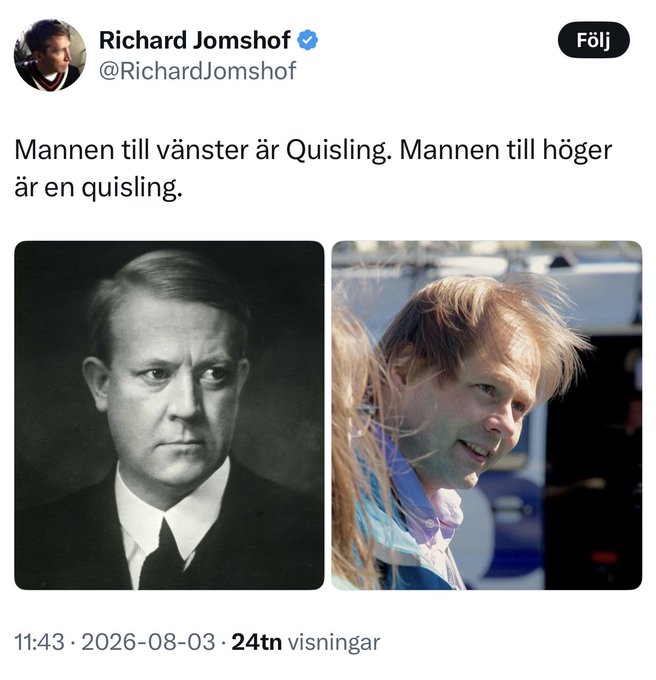 niklasorrenius's tweet photo. En ledande företrädare för regeringens samarbetsparti kallade just en svensk ledarskribent för quisling. 

Vidkun Quisling samarbetade med de tyska nazisterna under ockupationen av Norge. Efter befrielsen dömdes han till döden för mord och landsförräderi och arkebuserades 1945. https://t.co/4MfCBfef8l