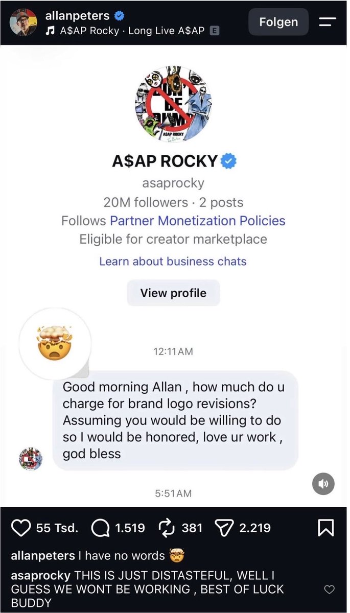 LaTwitchance's tweet photo. A$AP Rocky a retiré une proposition de collaboration à un graphiste après que celui-ci a rendu public leur conversation privée.

💬 « C’est vraiment déplacé. Je pense qu’on ne travaillera finalement pas ensemble. Bonne chance. » https://t.co/yU4huGVot2