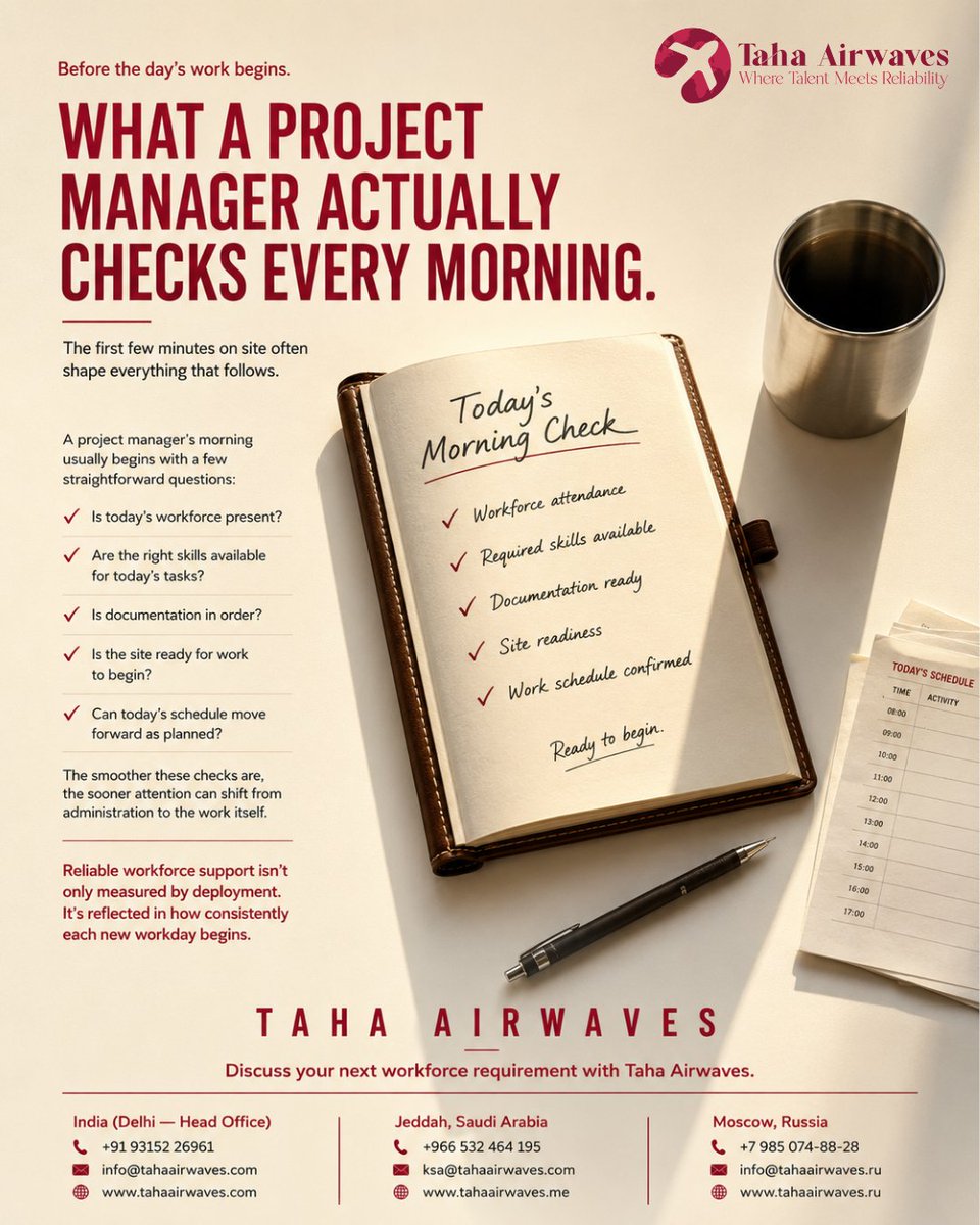 tahaairwaves's tweet photo. A productive workday often begins with a simple checklist:

✓ Attendance
✓ Skills available
✓ Documentation
✓ Site readiness
✓ Schedule confirmed
Discuss your next workforce requirement with Taha Airwaves.
🇮🇳 +91 93152 26961
🇸🇦 +966 532 464 195
🇷🇺 +7 985 074-88-28 https://t.co/C4lmtOYONz