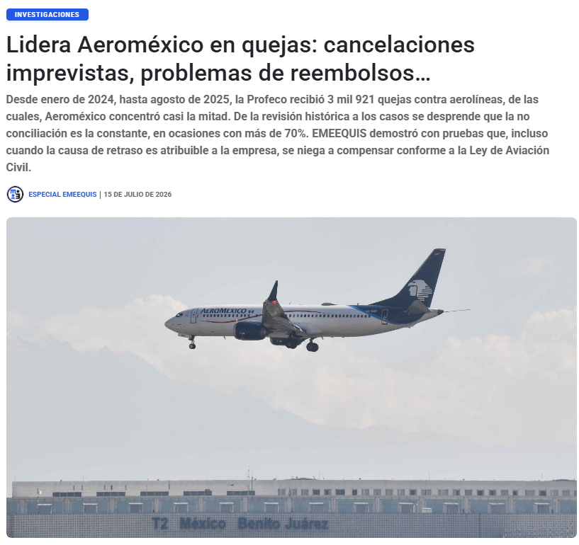 emeequis's tweet photo. ✈️ @Aeromexico encabeza las quejas en el sector aéreo: la aerolínea concentró casi el 50% de las inconformidades ante @Profeco de 2024 a 2025, además de registrar denuncias por negligencias con tripulaciones. Investigación de @emeequis. 👇 https://t.co/kTMahxngaa https://t.co/GUFbqNwSM6