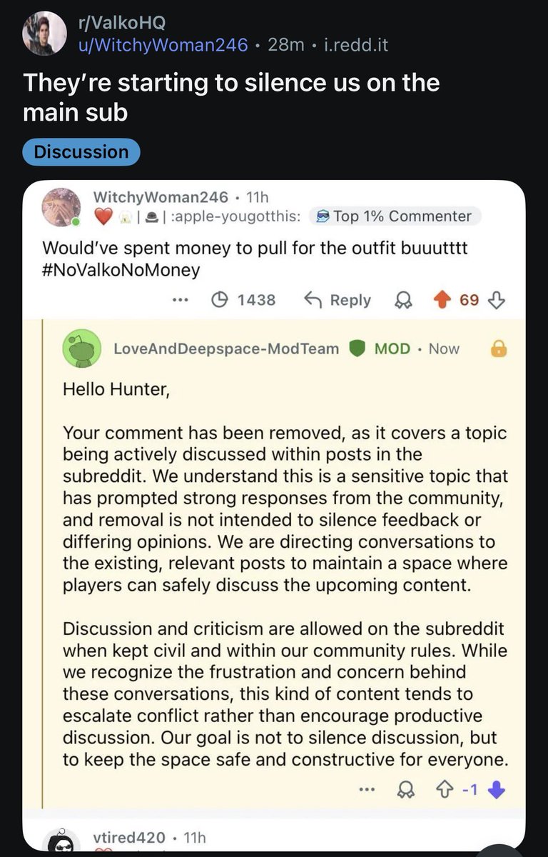 Nikky_hub's tweet photo. Active censorship on Reddit now? @Love_Deepspace @InfoldGames choose to delete civil comments with #NoValkoNoMoney while completely ignoring harassment and threats against players. Shameful! 📉🚫
#PapergamesRuinsCNgaming #NoValkoNoInfold #BringValkoBack #LoveAndDeepspace https://t.co/AfZHCpW4nw
