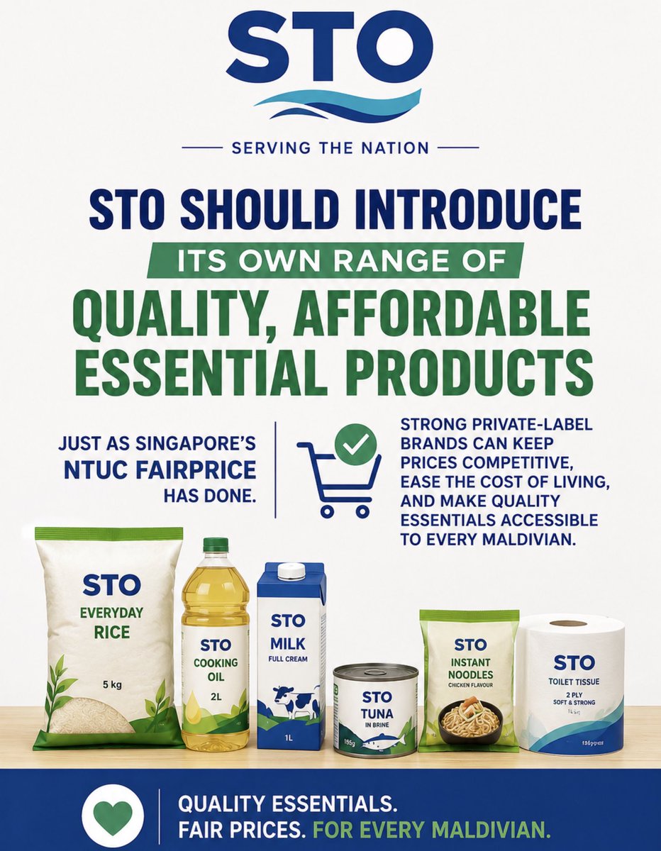 Kalhukoe's tweet photo. STO shud introduce its own range of quality, affordable essential products just as Spore’s NTUC FairPrice has done. Strong private-label brands can keep prices competitive, ease the cost of living n make quality essentials accessible to every Maldivian. @emsaeed @MMuizzu @sto_md https://t.co/Yhyk6JJtAR
