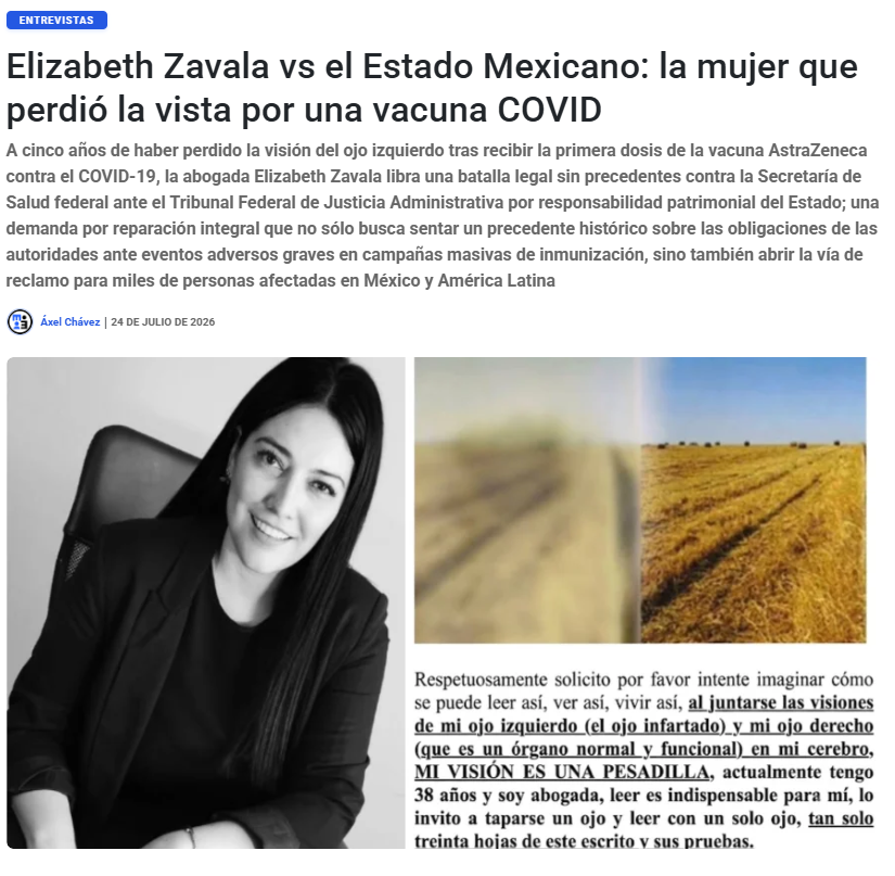 emeequis's tweet photo. ⚖️ Perdió la vista tras la vacuna y hoy demanda al Estado: la abogada Elizabeth Zavala libra una batalla legal histórica contra la Secretaría de Salud por responsabilidad patrimonial tras sufrir la pérdida de visión en un ojo por @AstraZeneca. Una entrevista de @emeequis. 👇 
https://t.co/k9YGz39Wmj