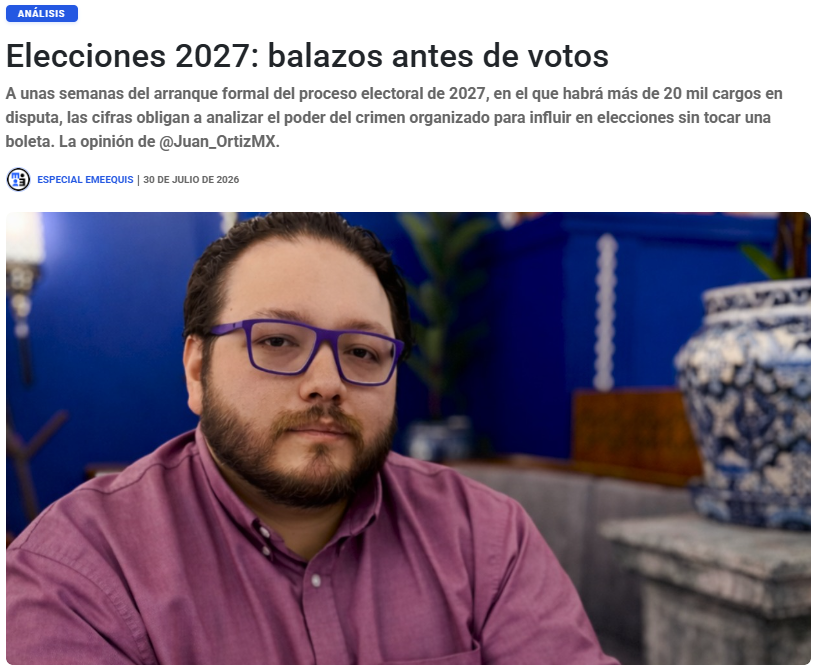 emeequis's tweet photo. 🗳️ La "selección armada": a semanas de arrancar el proceso electoral 2027, México registra 51 atentados contra políticos locales en 2026. El crimen organizado influye en la contienda sin tocar una boleta, imponiendo o bajando candidatos. 

Un texto de @Juan_OrtizMX. https://t.co/73SJmFuaAx