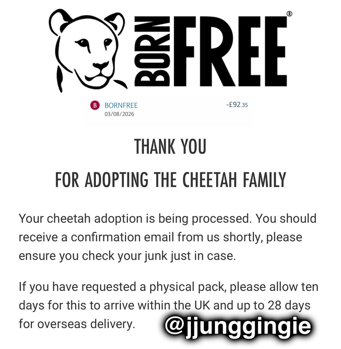 jjunggingie's tweet photo. Thank you so much to everyone who donated and supported Jungeunโs Cheetah adoption bday project!
The adoption has proceeded with us raising a total of ยฃ92.35 for BORN FREE. Weโre now waiting for the certificate and plush toy~
Happy Jungeun day!!!
#์ต์ ์ #CHOIJUNGEUN #์ด์ฆ๋ https://t.co/irCZqb34Da