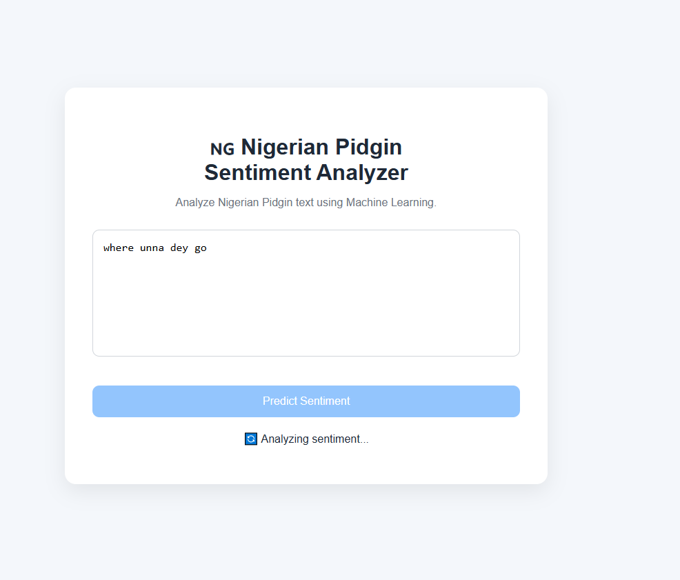 AbideenHaybee's tweet photo. Day 4 complete!

Built the React frontend for my Nigerian Pidgin Sentiment Analyzer.

✅ React + Vite
✅ Axios API Integration
✅ Prediction Form
✅ Loading State
✅ Error Handling

ML Model → Django API → React UI ✔️
Next: Deployment 

🔗 https://t.co/UbuwqwOtlW

#3MTT https://t.co/cGhoclyOFv