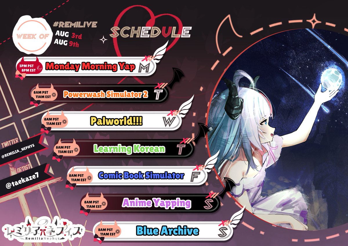 Remilia_Nephys's tweet photo. Schedule for this week is up! 
Gonna have another comfie week with you hehe https://t.co/5xkQTcN2Ez