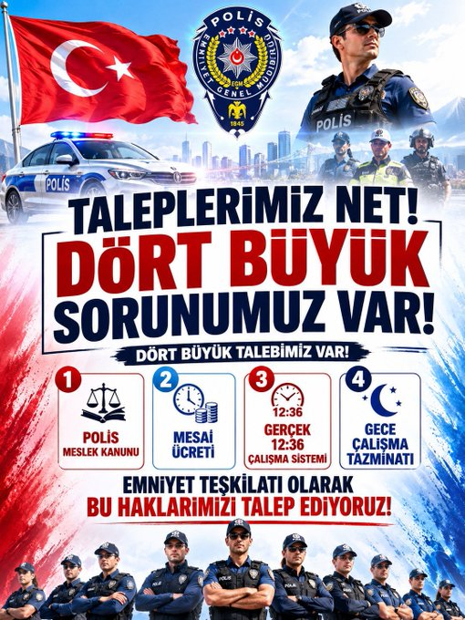 Yhsgihtholsun's tweet photo. Polisin talebi net 4 Büyük sorun var.
-Polis Meslek Kanunu
-Mesai Ücreti
-Gerçek 12-36
-Gece çalışma tazminatı #PoliseAdilMaaş https://t.co/X33AE0xQUZ