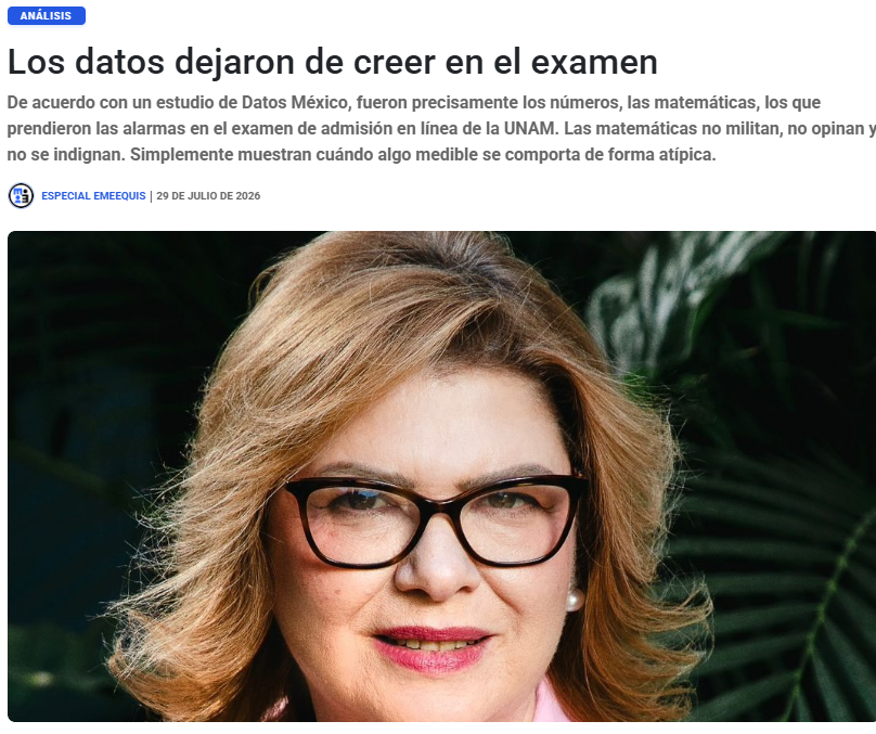 emeequis's tweet photo. 📊 "Las matemáticas no militan, no opinan y no se indignan": el análisis de Datos México (ITAM) sobre el examen de la UNAM revela un salto atípico en los puntajes que demuestra que los métodos de evaluación actuales quedaron obsoletos. Un texto de @SoledadDurazo. https://t.co/T6wBj2kjU7