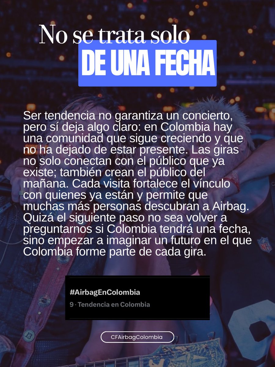 AirbagColombiaO's tweet photo. Seguimos creyendo en lo mismo: Colombia merece una fecha.

No solo por quienes ya estamos aquí, sino por todo lo que puede seguir creciendo cuando una banda decide volver una y otra vez.
@AirbagInfo @AIRBAGoficial @GuidoAIRBAG @GastonSardelli @paramo_presenta https://t.co/PJIbigUxqf