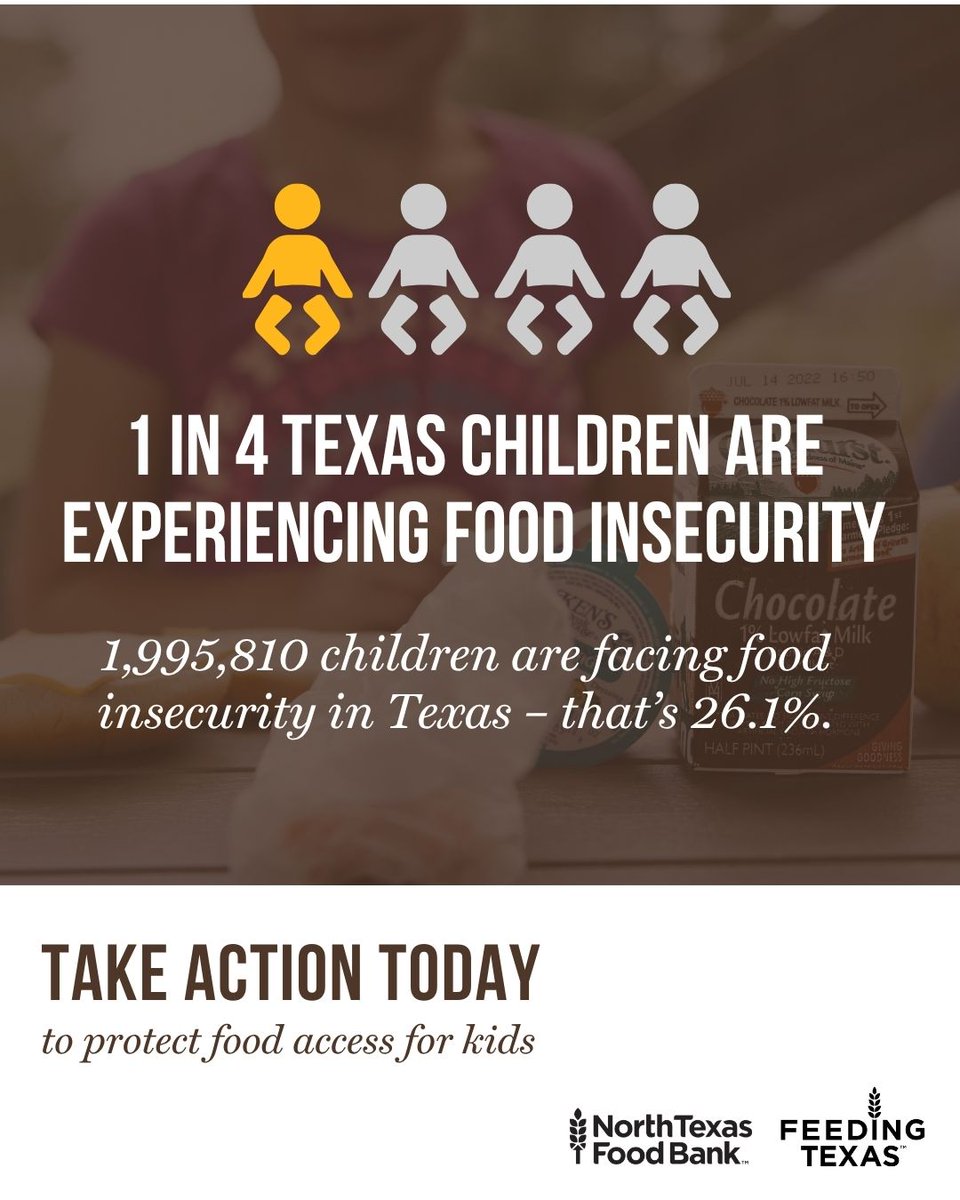ntfb's tweet photo. Texas kids need your help. The food insecurity crisis has grown even deeper in Texas. Child food insecurity rose from 22.2% to 26.1% in just one year.

SNAP serves as a lifeline for 1.48 million Texas kids. Help protect food access for kids at https://t.co/5VrzjEdkUZ https://t.co/zgahawGZ7k
