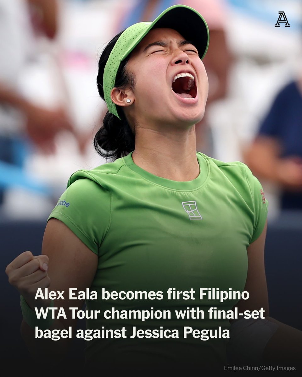 TheAthletic's tweet photo. Alex Eala came from a set down to defeat top seed Jessica Pegula 4-6, 6-4, 6-0, at the D.C. Open.

She is the first player from the Philippines to win a WTA Tour title, and she did it in style, racing through the third set with the controlled aggressiveness and laced ground strokes that have come to define her game.

https://t.co/sSnKH207nN