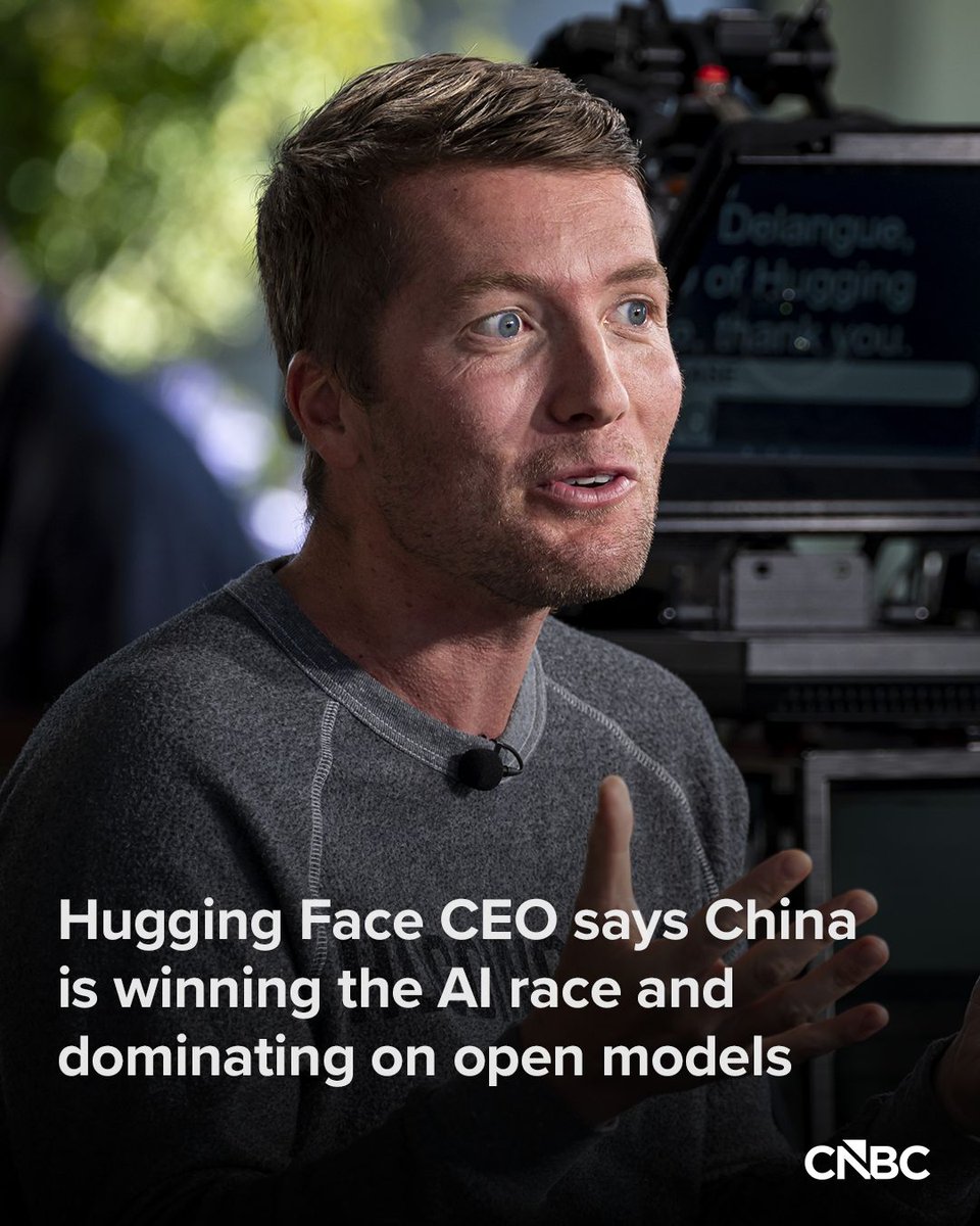 CNBC's tweet photo. Hugging Face CEO Clément Delangue said China is winning the artificial intelligence race with open-weight models and could catch up to U.S. model makers as soon as this year.

“They’re clearly dominating on open models right now, and I wouldn’t be surprised if they start dominating at the frontier either by the end of this year or next year at the rate of progress,” he told CNBC’s “Squawk on the Street” on Monday.

More: https://t.co/SAu0w3aIiG