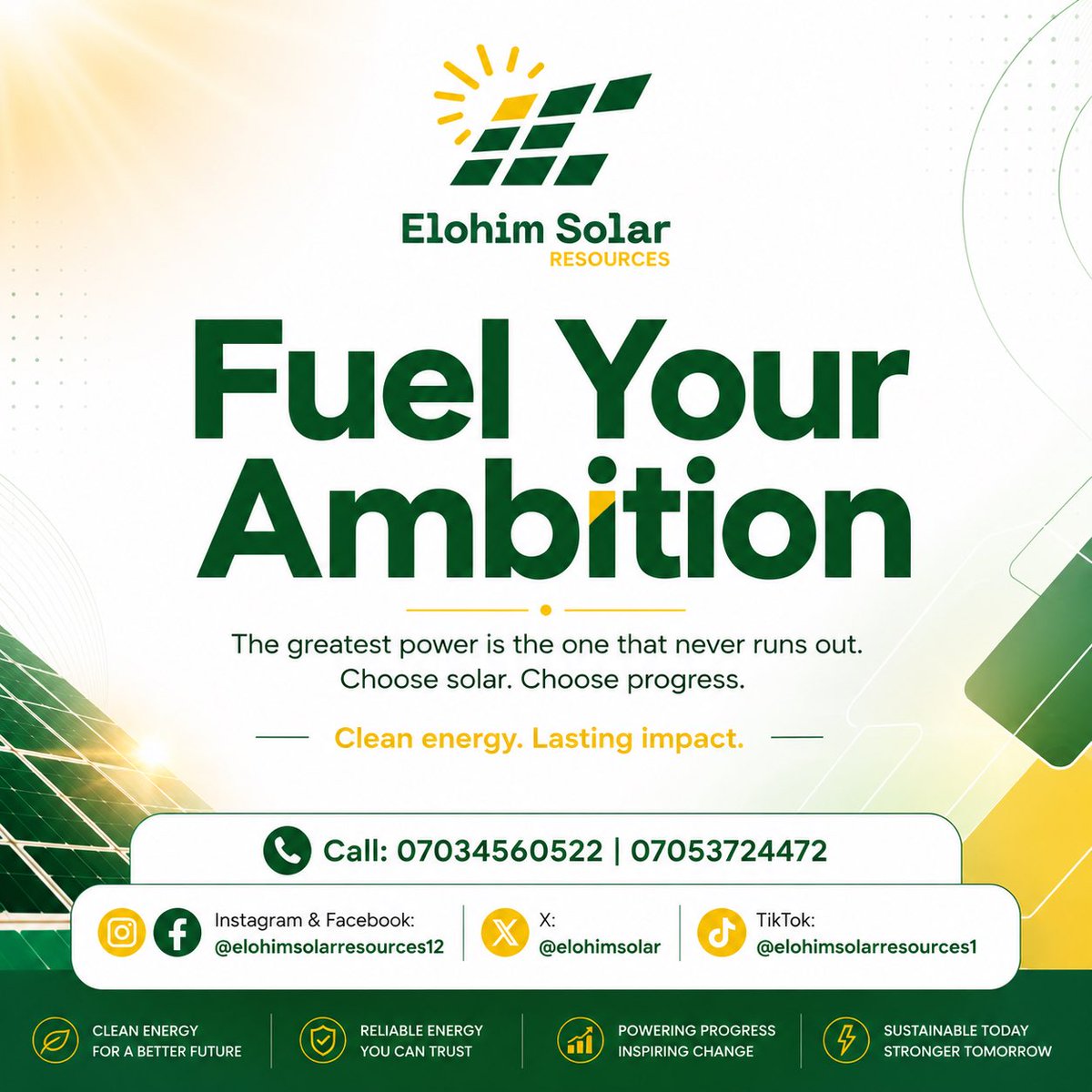 ElohimSolar's tweet photo. ⚡ Fuel Your Ambition.

The greatest power is the one that never runs out.

Choose solar. Choose progress. Choose a brighter future with Elohim Solar Resources. ☀️💚

📞 07034560522 | 07053724472

#FuelYourAmbition #SolarEnergy #CleanEnergy #MondayMotivation #ElohimSolar https://t.co/pDAg1NBjQJ
